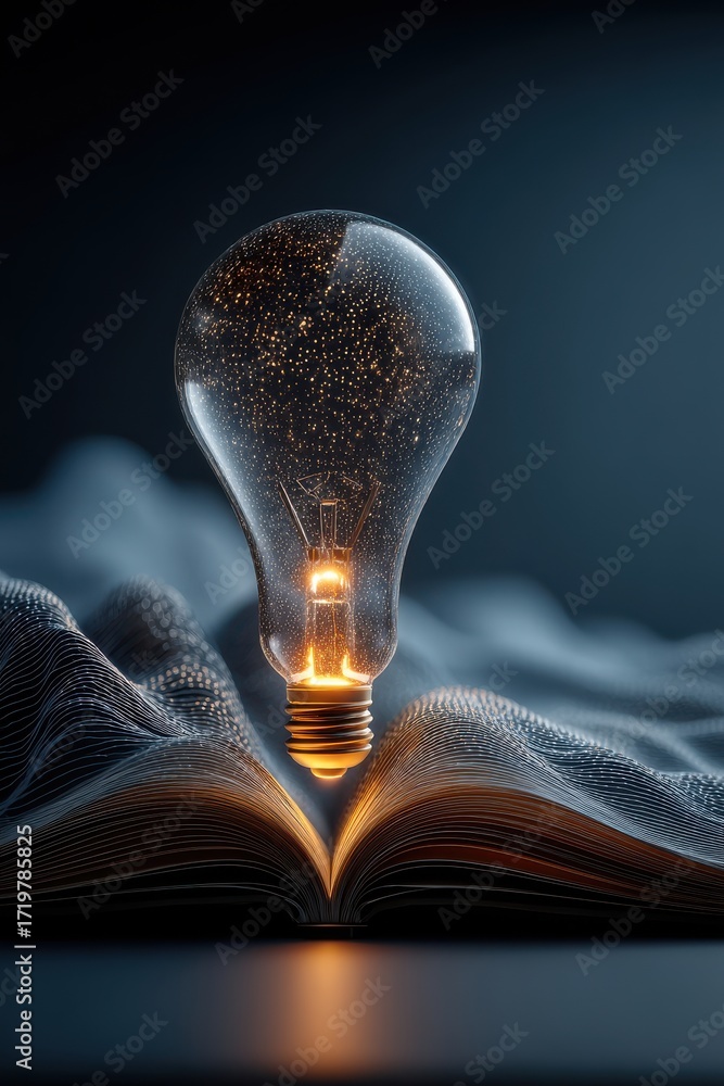 Poster glowing light bulb posing above open book representing knowledge and creativity