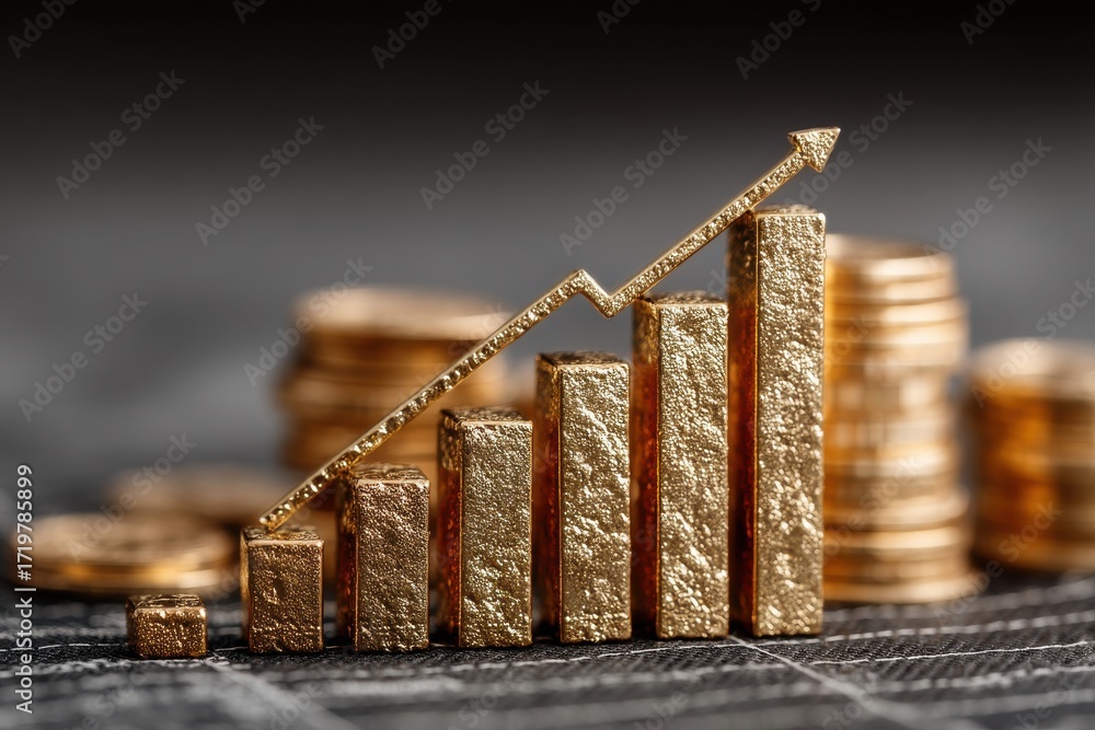 Poster golden bar chart rising with upward arrow and stacks of coins