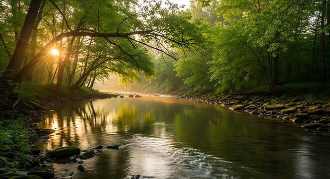 Serene sunlit river winding through lush greenery embodying tranquil natural beauty and pristine environment at dawn