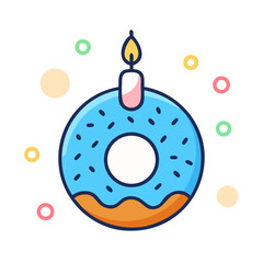Vector art of a delightful blue frosted donut with a lit candle, , perfect for birthday celebrations and sweet treat designs