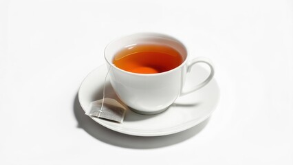 White teacup and saucer, filled with amber-colored tea, and a tea bag resting on the saucer