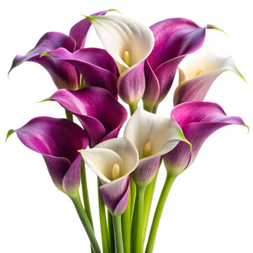 A bouquet of purple and white calla lilies isolated on transparent background