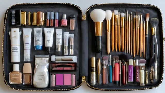 Beauty cosmetic set with makeup brushes, eyeshadow, and lipstick on a pink background