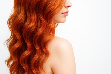 Naklejka premium Vibrant fiery red wavy hair captured in stunning detail. concept of unique hair color, luxurious hair texture, beauty styling inspiration
