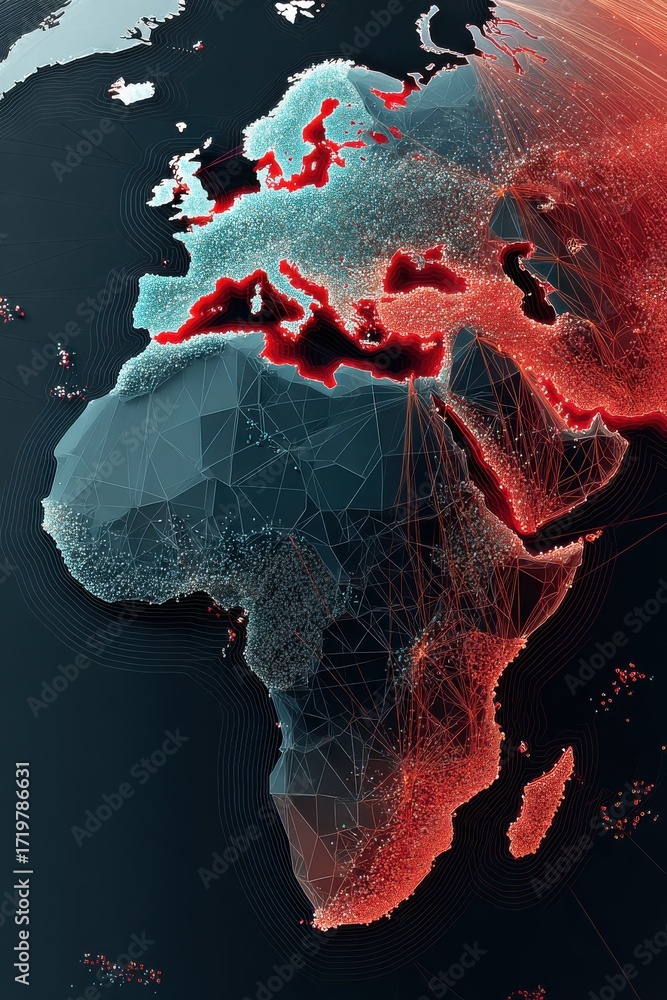 Poster abstract low-poly map of continents with vibrant color coding and connections