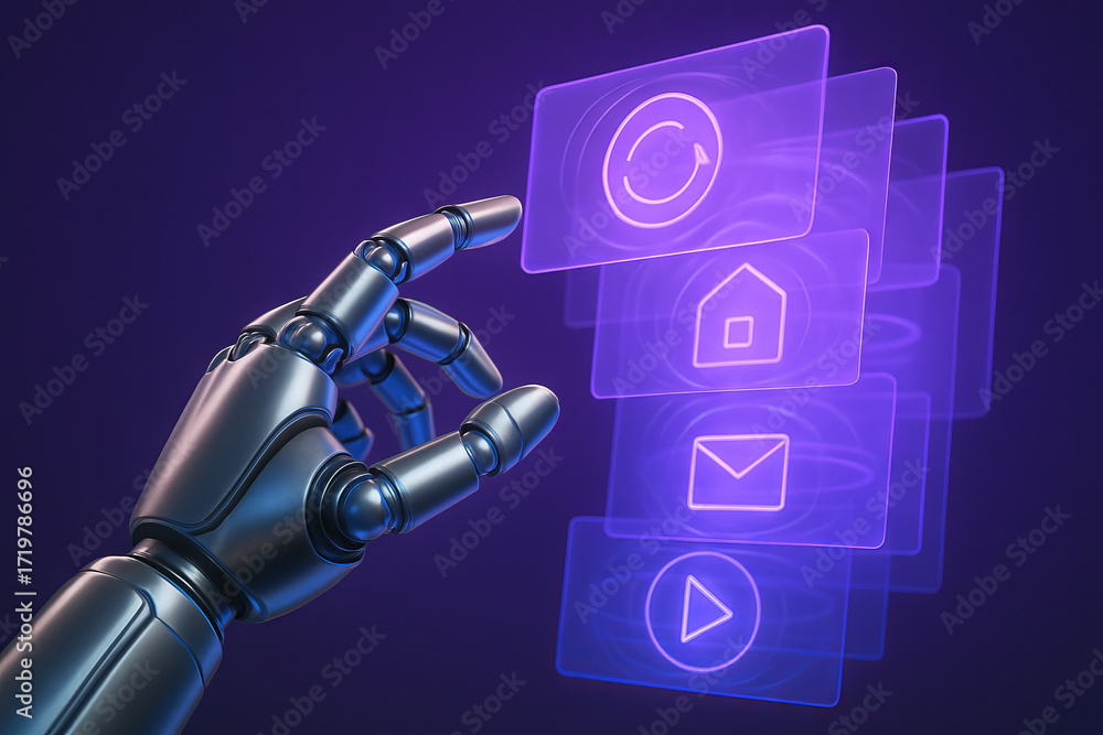 Aufkleber futuristic robotic hand interacting with holographic interface in sci-fi setting. concept of advance