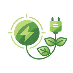 Vector art of ecofriendly energy concept illustration showcasing a green energy plug with leaves and a lightning bolt symbol
