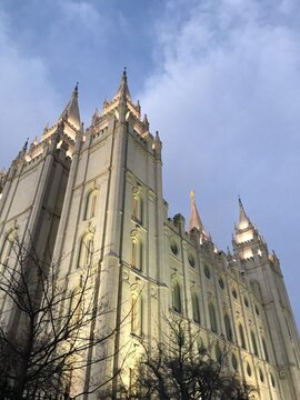 Low angle view of the Temple of The Church of Jesus Christ of Latter-day Saints, Salt Lake City, Utah, USA