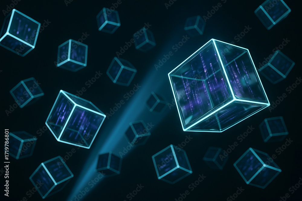 Poster floating glowing cubes in dark space with light effects. concept of futuristic technology, abstract 