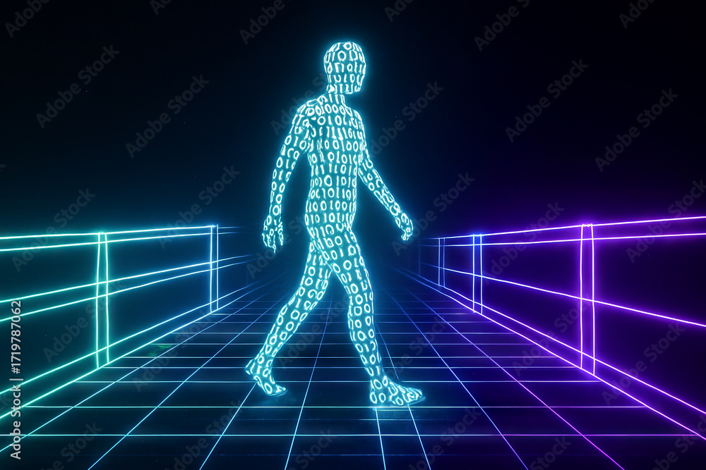 Poster futuristic silhouette of human figure composed of binary code walking on neon grid pathway, concept 