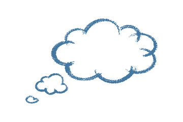 Blue thought bubble isolated on white background, hand drawn in crayon style