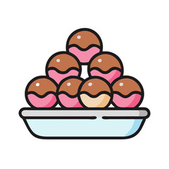 Vector art of pile of delicious takoyaki balls on a plate japanese street food icon with octopus, sauce, and toppings