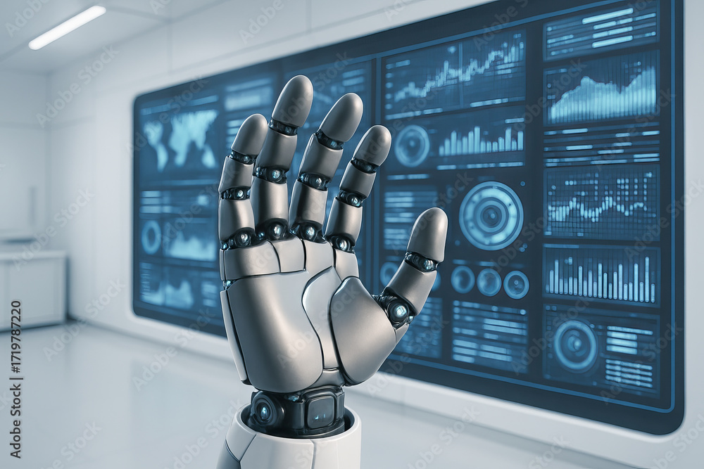 Aufkleber Futuristic robotic hand interacting with digital interface in high-tech laboratory. concept of artificial intelligence, advanced technology, machine learning