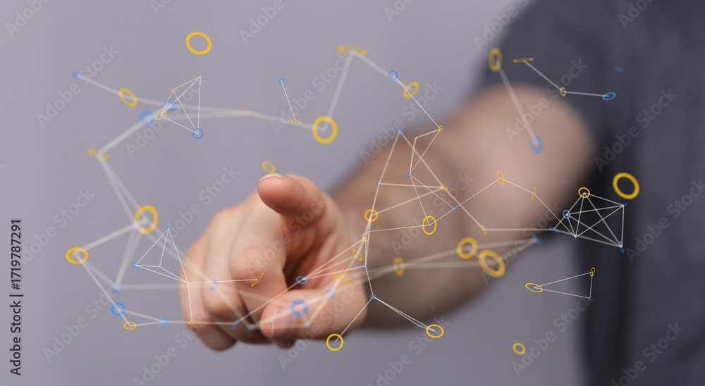 Poster abstract image of hand interacting with network. connectivity, technology, innovation.