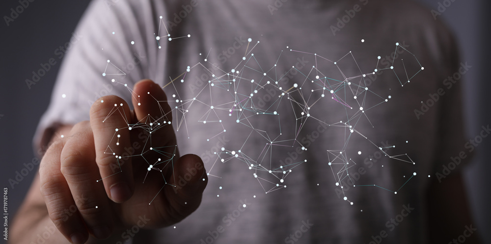 Poster abstract image of a hand interacting with a digital network. perfect for tech, innovation, and conne