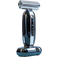 Sleek and Modern Chrome Electric Shaver on Glossy White Background for Personal Care