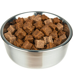Freshly filled metal bowl with crunchy pet food pieces in assorted brown colors