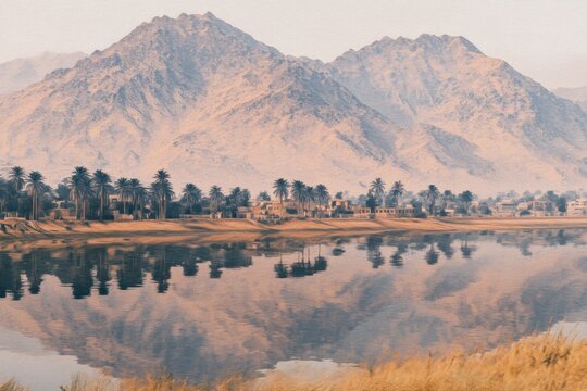 Desert village mirrored in calm water, mountains in hazy background