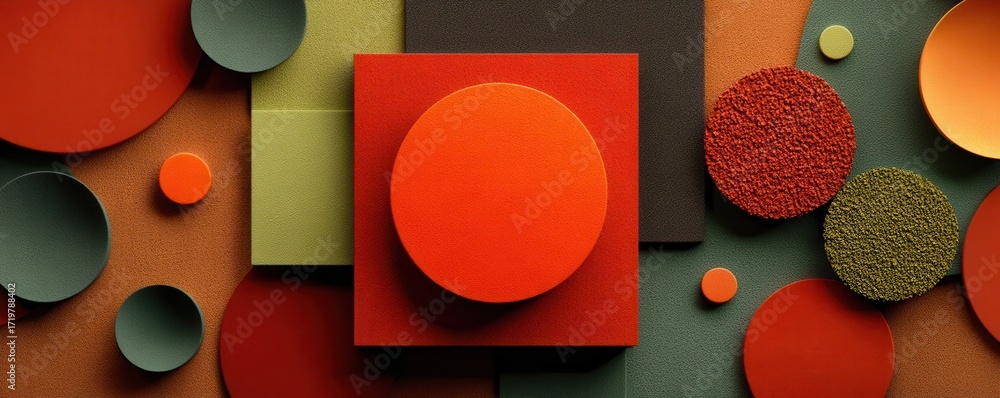 Poster abstract colorful composition featuring textured circles and squares in warm tones