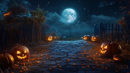 Path Full of Pumpkins Under The Moon Copyspace