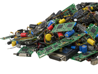 Heap of discarded electronic circuit boards and components representing e waste and recycling on transparent background isolated on transparent background