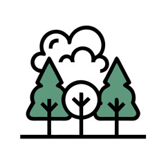 Vector art of scenic forest landscape with trees and clouds, a serene icon representing nature, tranquility, and the beauty of the outdoors