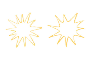 Hand-drawn yellow starburst graphic elements. Playful explosion shapes with a vibrant crayon texture, perfect digital assets for adding emphasis and visual pop to creative design.