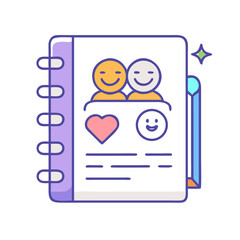 Vector art of colorful scrapbook icon featuring happy couple and heart, representing joyful memories, love, and personalized keepsake album