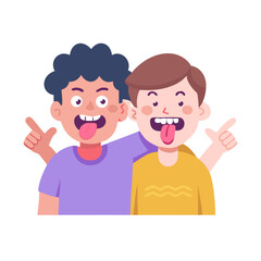 Vector art of two playful friends are making funny faces, they are enjoying each others company and having a good time together