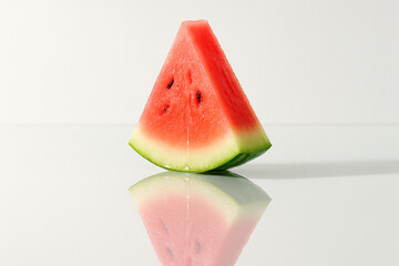 Fresh watermelon slice with reflection on glossy surface, isolated on white background. Juicy red fruit close-up, minimal studio shot for summer, healthy eating and food advertising.