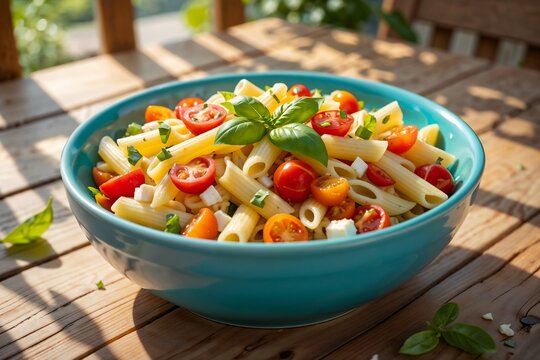 Fresh pasta salad with tomatoes and basil
