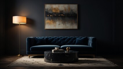 Elegant dark living room with plush blue sofa