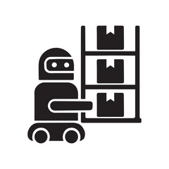 Robot arm reaching for boxes on shelf in warehouse automation silhouette
