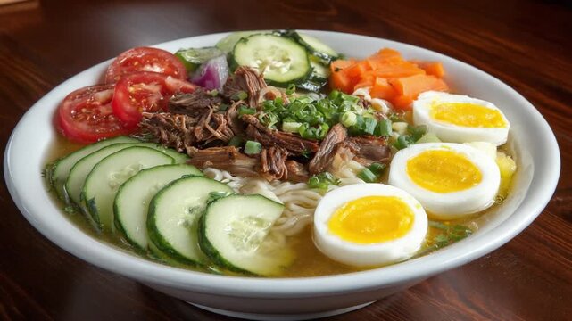 Delicious Bowl of Ramen with Tender Meat, Fresh Vegetables, and Soft Boiled Eggs, Perfectly Presented for a Satisfying Meal Experience