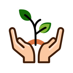Vector art of hands holding a young plant, symbolizing care, growth, and environmental responsibility in a simple and elegant design