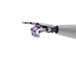 Advanced robotic hand with articulated fingers pointing forward in a futuristic gesture isolated on transparent background