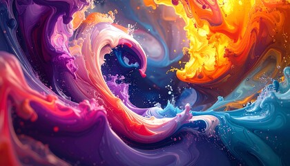 A swirling, vibrant abstract artwork. Various colorful liquid elements dynamically intermingle, creating an explosion of hues