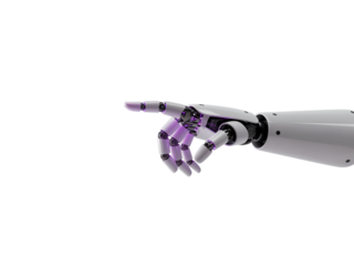 Advanced robotic hand with articulated fingers pointing forward in a futuristic gesture isolated on transparent background