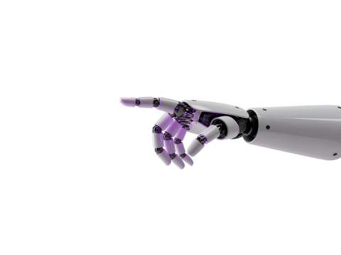 Advanced robotic hand with articulated fingers pointing forward in a futuristic gesture isolated on transparent background