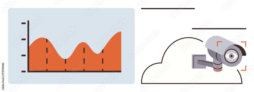 Poster rising line graph in orange paired with cloud-connected surveillance camera. ideal for analytics, se