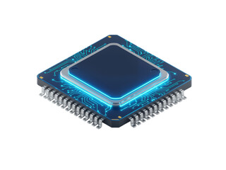 Close up isometric view of a glowing blue computer processor chip with many pins isolated on transparent background