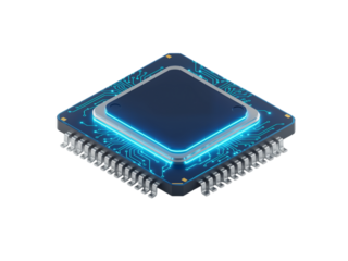 Close up isometric view of a glowing blue computer processor chip with many pins isolated on transparent background