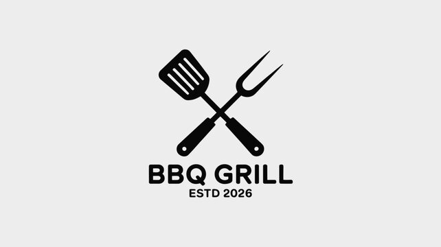 Barbecue grill emblem design for restaurants and events, featuring crossed spatula and fork for a modern, stylish look that evokes outdoor summer cooking fun and delicious food