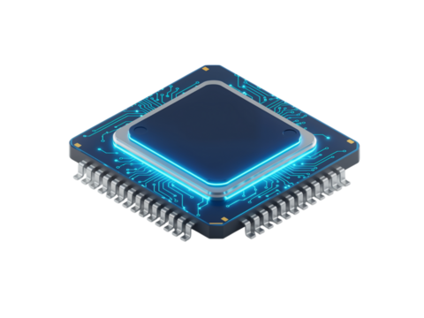 Close up isometric view of a glowing blue computer processor chip with many pins isolated on transparent background