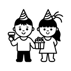Illustration of a boy and girl celebrating a birthday with a gift and a drink, perfect for birthdaythemed designs