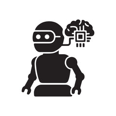 Robot silhouette connected to a stylized brain with integrated circuit silhouette