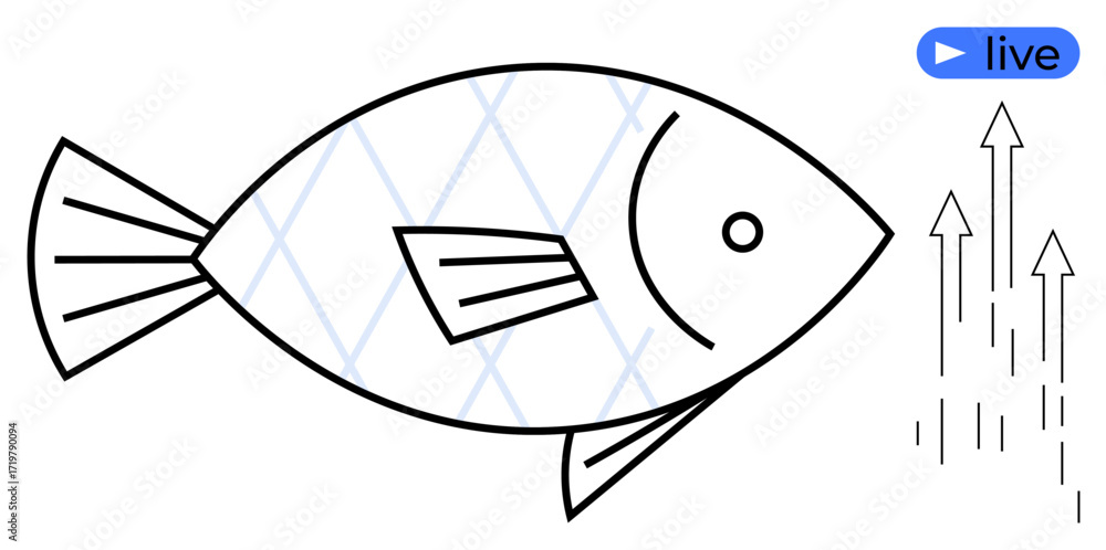 Poster fish outlined with geometric patterns and upward arrows symbolizing growth, progress, and movement. 
