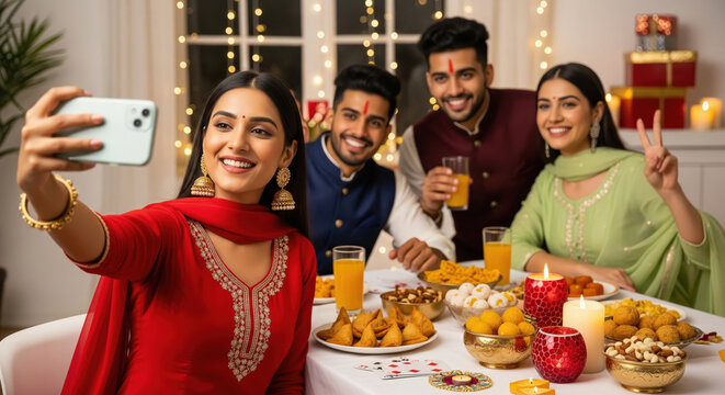 young indian friend eating food and taking selfie together on diwali festival