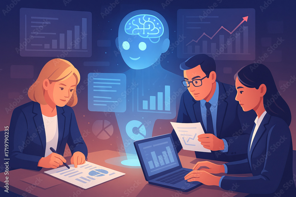 Aufkleber business team collaborating with ai technology for empowering decision making in a modern office env