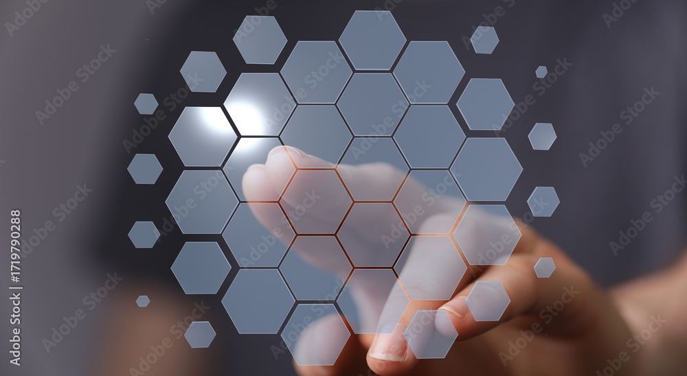 Poster abstract image of a hand interacting with a futuristic hexagonal interface. perfect for tech, innova